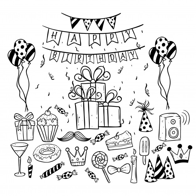 626x626 Set Of Birthday Party Collection Using Doodle Art Or Hand Drawing - Drawing Party