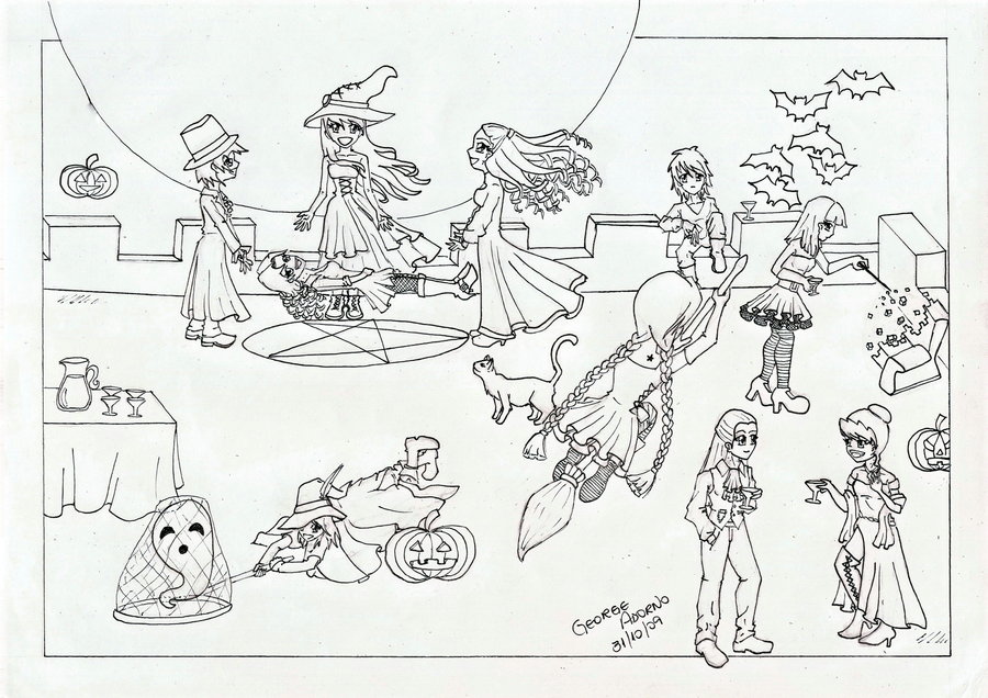900x636 Drawing Of Halloween Party Halloween Arts - Drawing Party