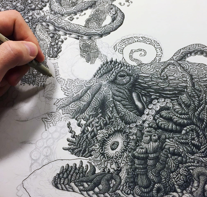 880x836 Artist Uses Millions Of Dots To Create Complex Pen Drawings - Drawing Pen Art