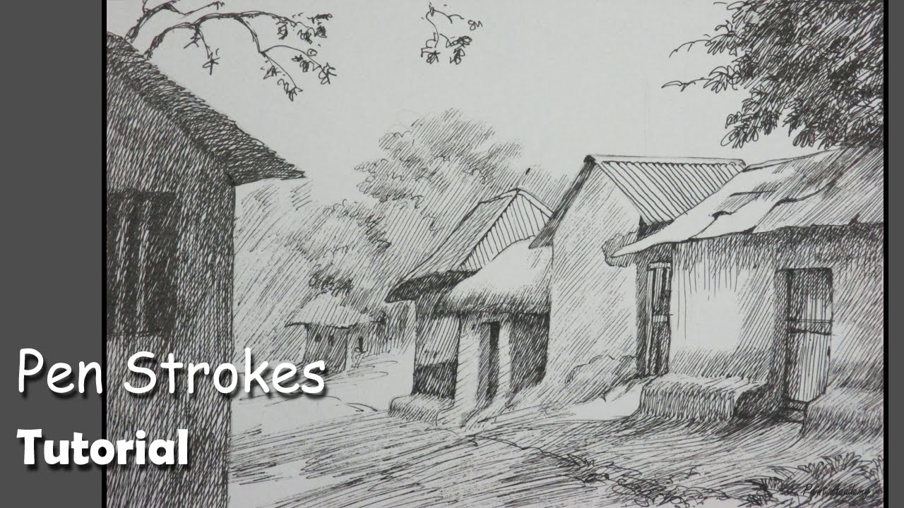 1280x720 Pen Ink Drawing Tutorial How To Draw A House Landscape - Drawing Pen Drawing