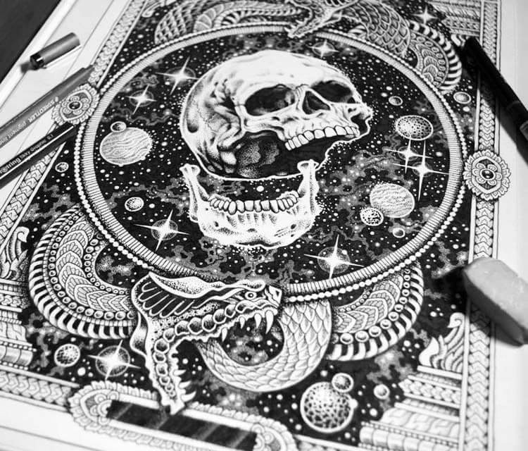 750x640 Space Skull Pen Drawing - Drawing Pen Drawing