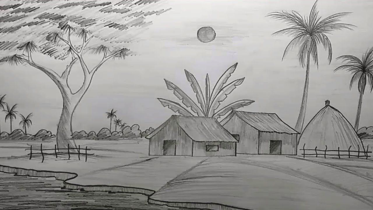 1280x720 How To Draw A Village Scenery Step - Drawing Pencil Drawing
