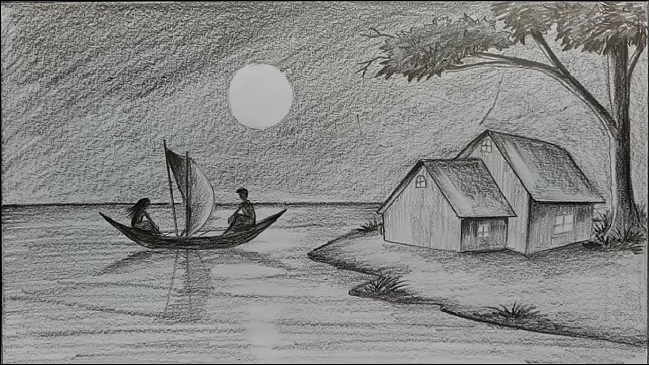 1280x720 How To Draw Moonlit Night With Pencil Step - Drawing Pencil Drawing
