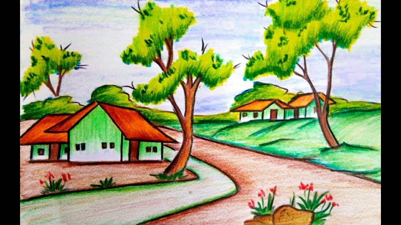 1280x720 How To Draw A Village Scenery Of Beautiful Nature Step - Drawing Pictures Nature