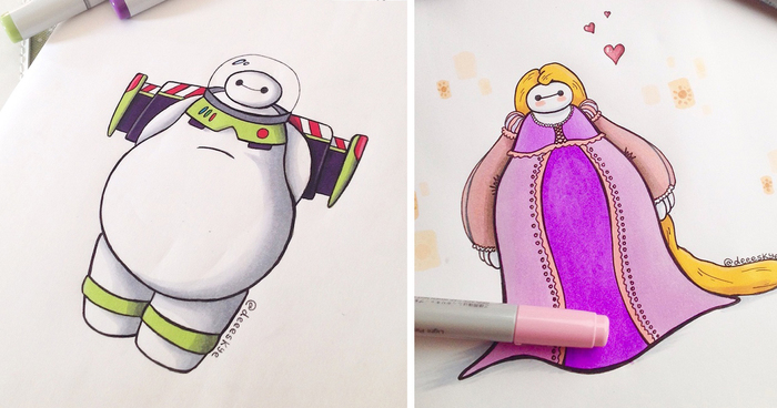 700x368 self taught year old illustrator reimagines baymax as famous - Drawing Pictures Of Disney Characters