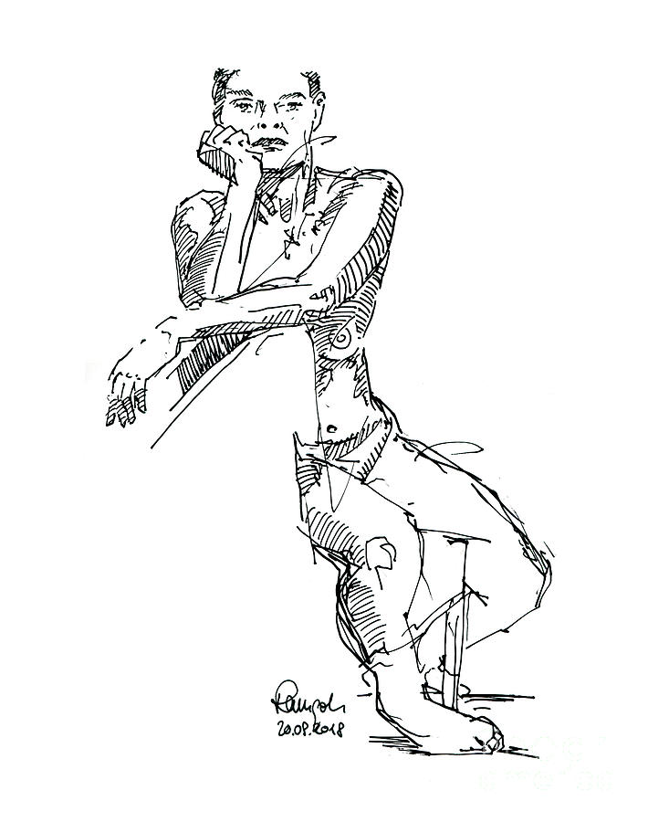 710x900 Female Figure Drawing Sitting Pose Fountain Pen Ink Drawing - Drawing Poses Female