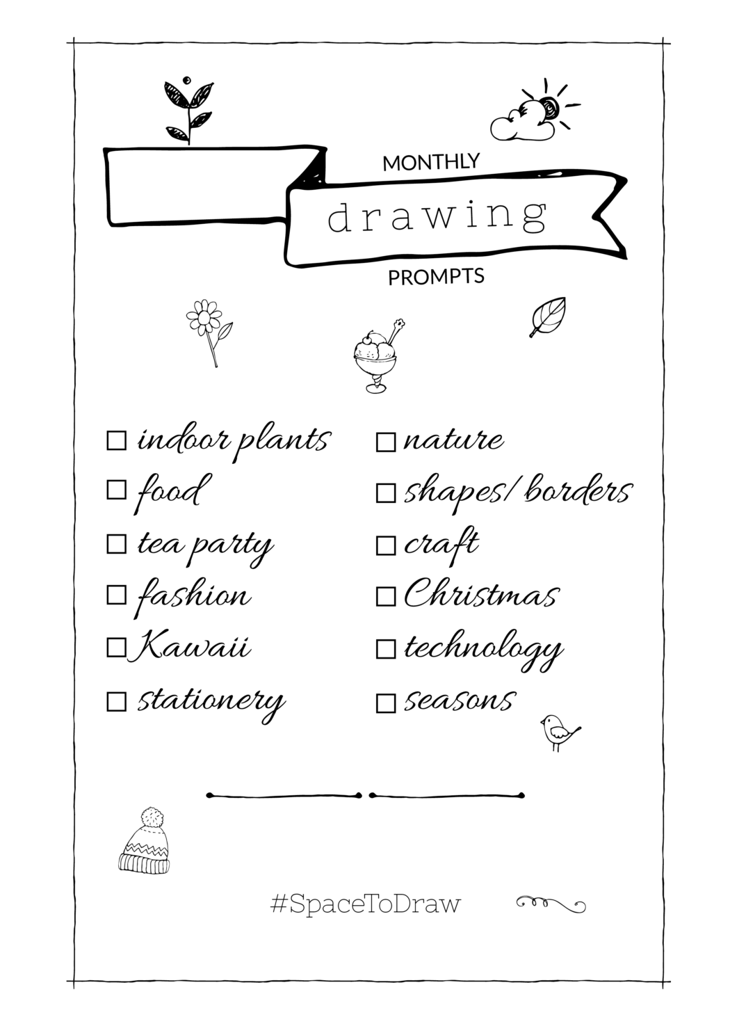 1050x1485 monthly drawing prompts for bullet journaling - Drawing Prompts