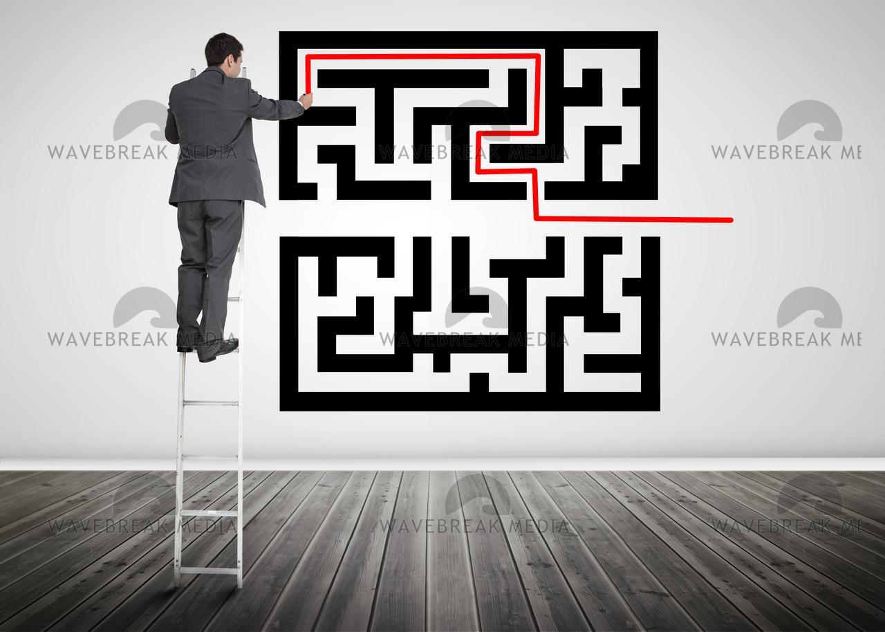 1280x914 Businessman Standing On A Ladder Drawing Line Through Qr Code - Drawing Qr Code