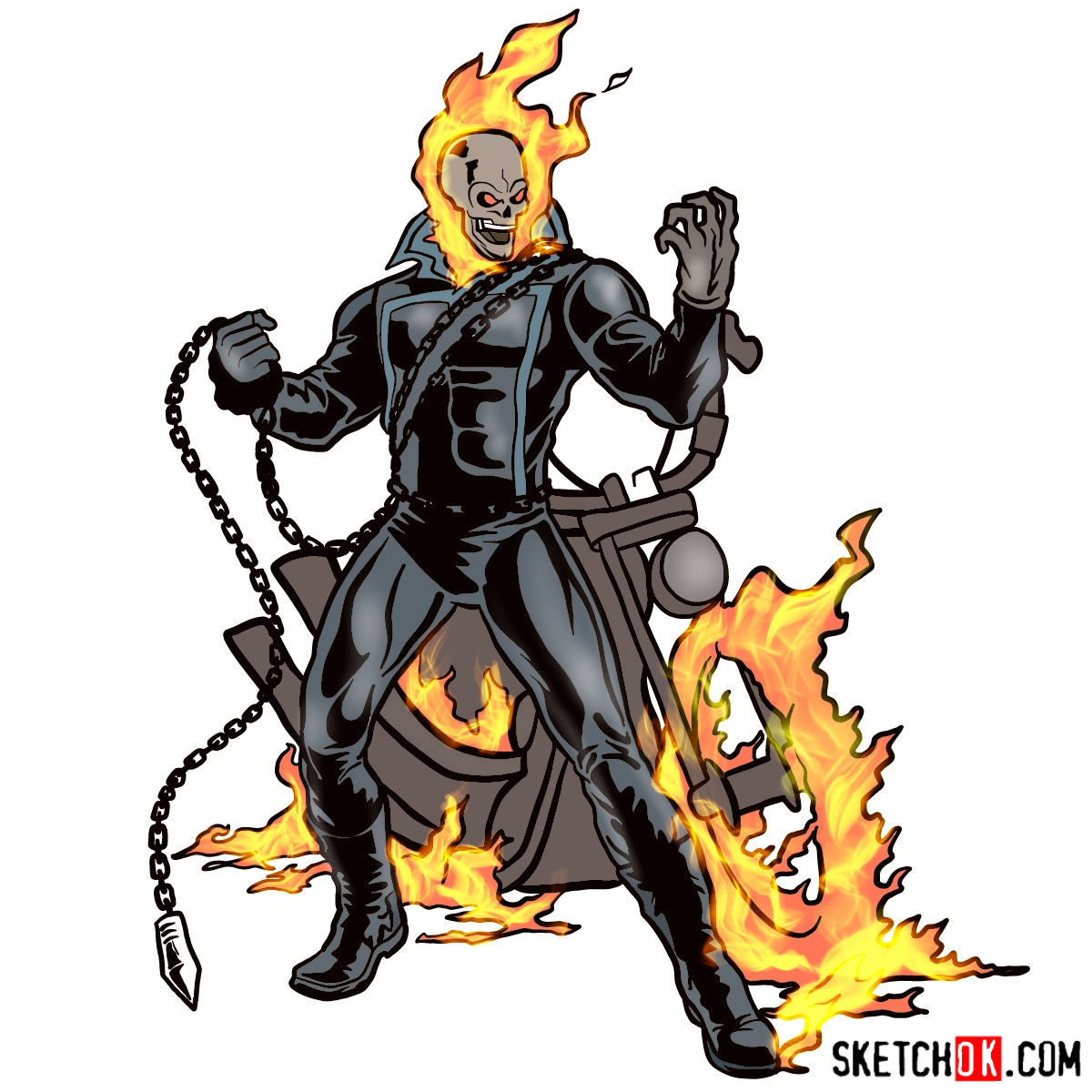 1200x1200 how to draw ghost rider with his flaming bike - Drawing Rider