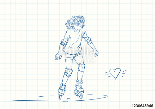 500x353 Teenage Girl With Long Hair Learning To Skate On Rollers, Blue Pen - Drawing Rollers