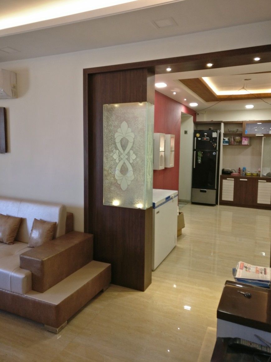 870x1160 drawing room and dining room with wooden glass partition modern - Drawing Room Design