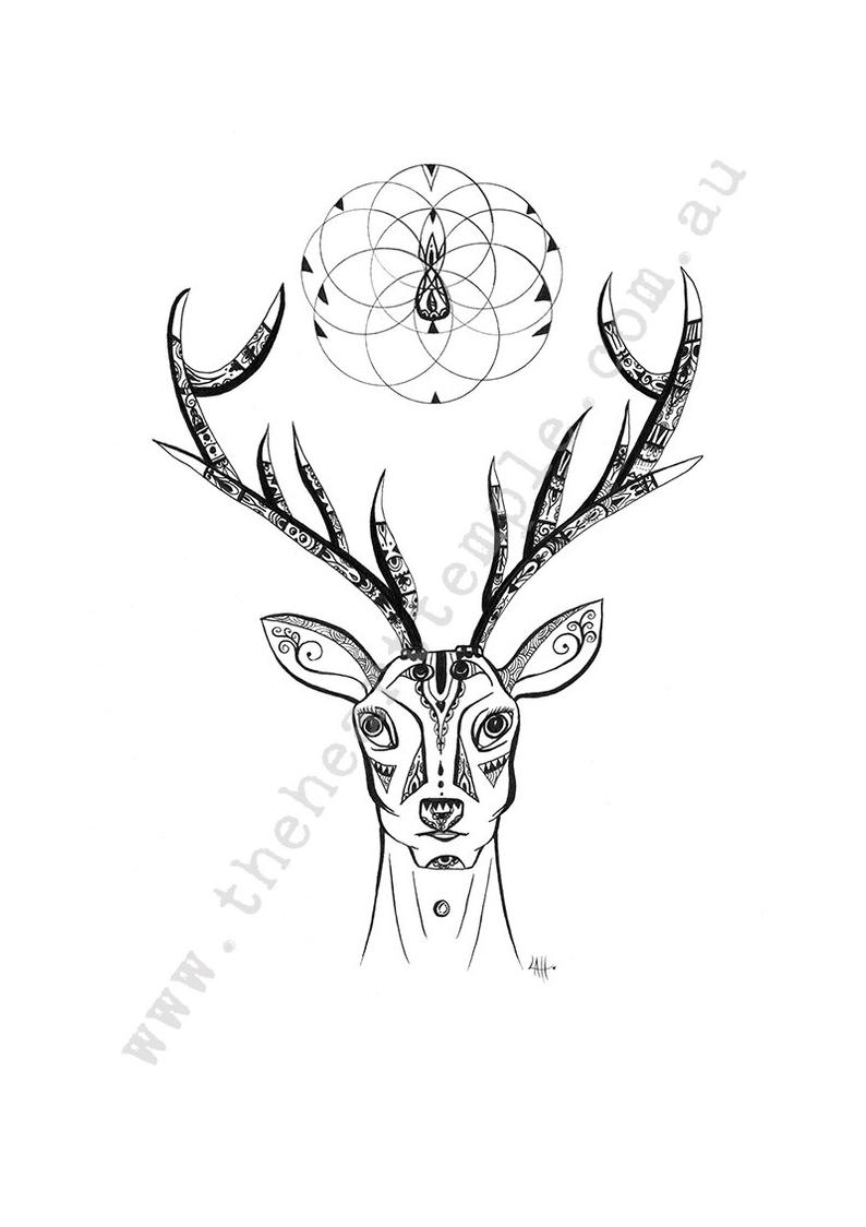 794x1124 deer drawing sketch print antlers sacred geometry flower etsy - Drawing Sacred Geometry