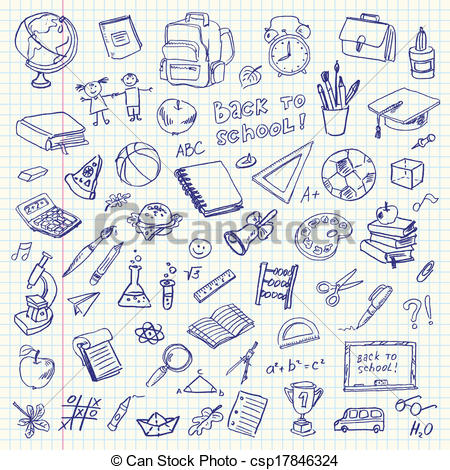 450x470 Freehand Drawing School Items On A Sheet Of Exercise Book Back - Drawing School