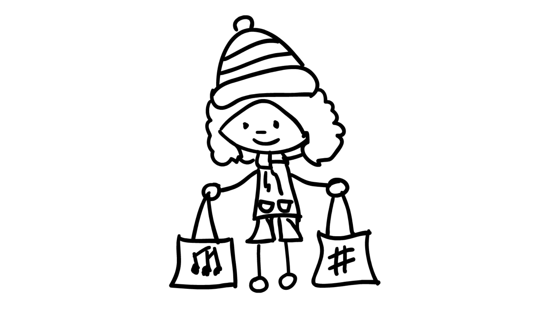 1920x1080 Christmas Kids Shopping With Bags In Hand Line Drawing - Drawing Shopping