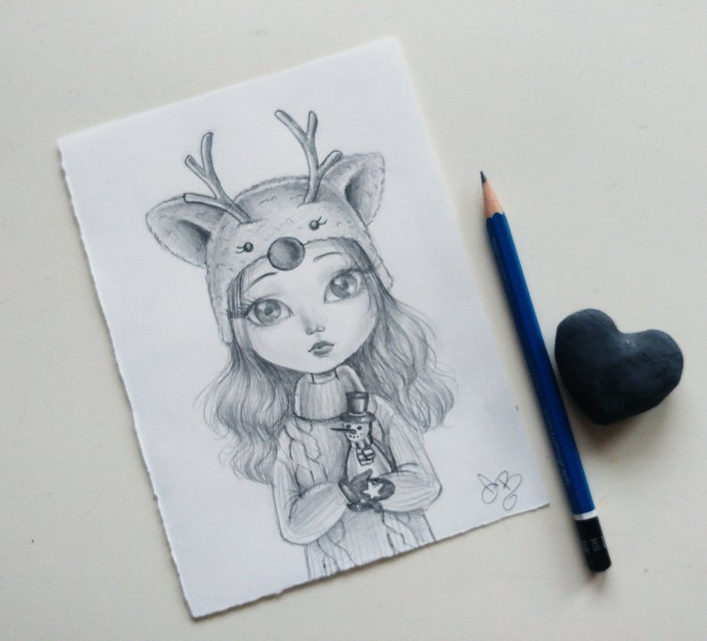 794x720 Original Drawing Pencil Christmas Present Gift Idea Reindeer Etsy - Drawing Snowman Eyes