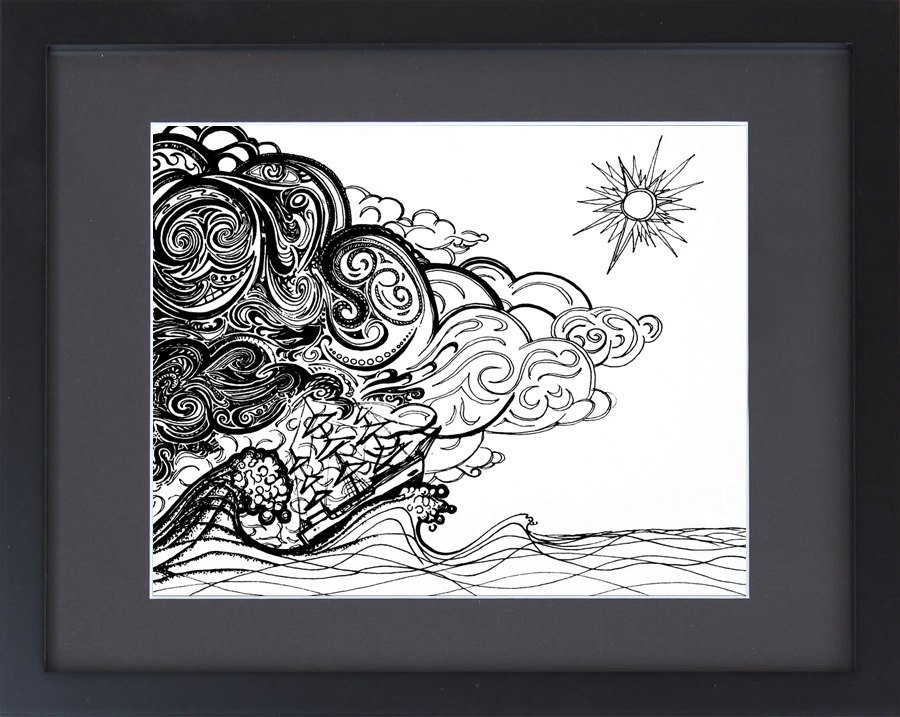 900x717 pop surrealism pen and ink drawing of a ship in a storm etsy - Drawing Storm