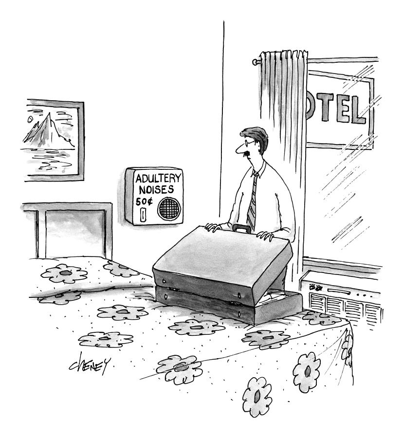 826x900 a man unpacks his suitcase in a motel drawing - Drawing Suitcase