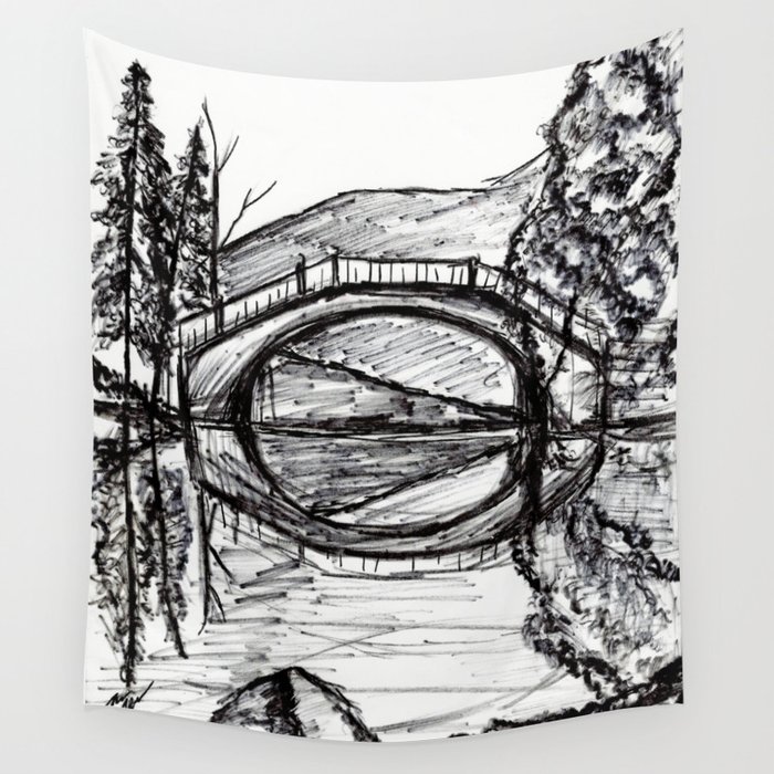 700x700 bridge reflection marker black white drawing wall tapestry - Drawing Tapestry