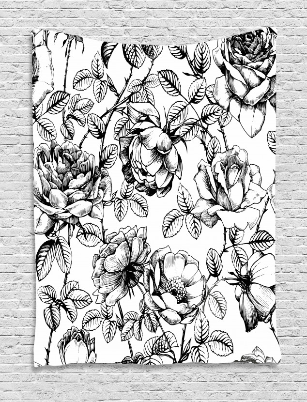 634x830 hand drawn rose petals tapestry - Drawing Tapestry
