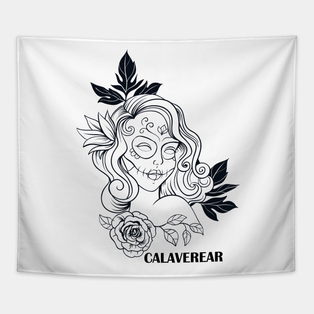 630x630 Sugar Skull Girl Line Drawing - Drawing Tapestry