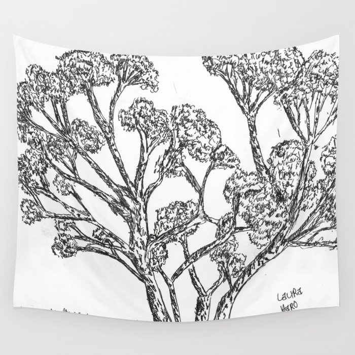 700x700 black and white rollerball pen tree branches drawing wall tapestry - Drawing Tapestry
