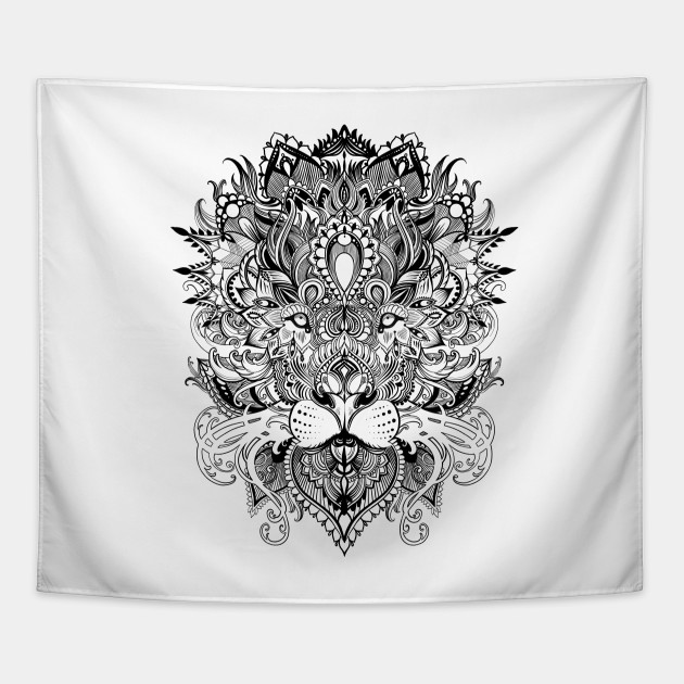 630x630 Black And White Lion Mandala Pattern Line Art Drawing - Drawing Tapestry