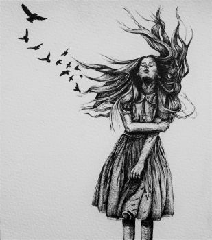 309x350 artfido buy art online original tattoo art girl and birds - Drawing Tattoo Online