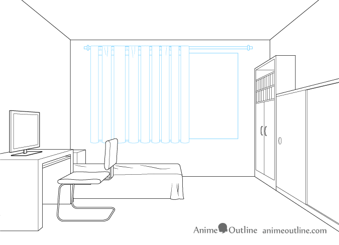 675x488 One Point Perspective Room Drawing Tutorial - Drawing The Curtains