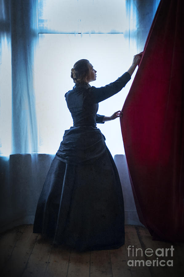 598x900 victorian woman drawing curtains photograph - Drawing The Curtains