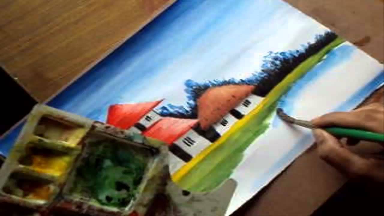 1280x720 How To Paint A Village Scenery In Water Color Drawing Houses - Drawing To Paint