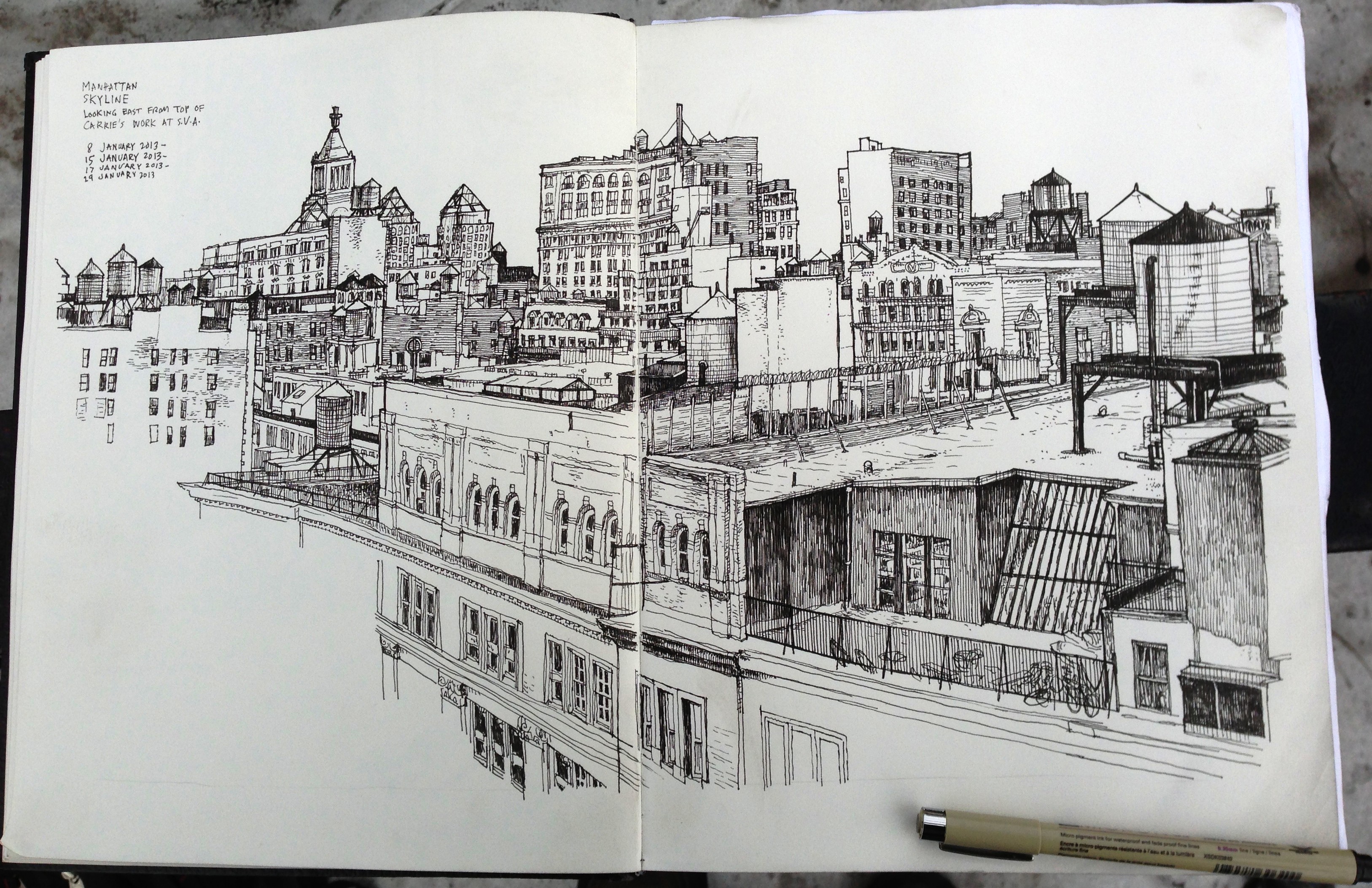 3254x2108 rooftop manhattan skyline drawing january handmade ransom - Drawing Today