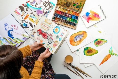 500x334 Top View Of Woman Holding Album Surrounded - Drawing Utensils