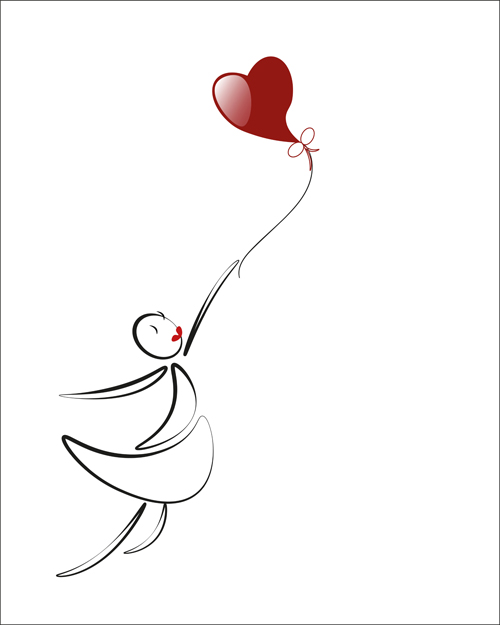 500x625 lover boy and girl with red heart balloons hand drawing vectors - Drawing Vectors
