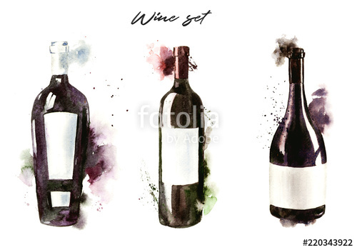 500x350 hand drawn watercolor illustration of the wine bottles, red wine - Drawing Wine