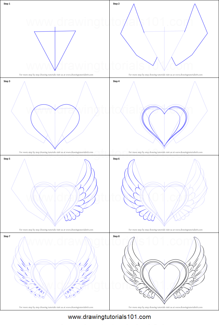 751x1111 How To Draw Heart With Wings Printable Step - Drawing Wings Tutorial