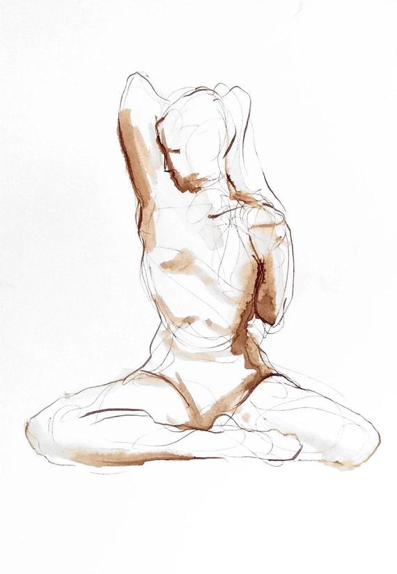 570x824 original tricep stretch yoga drawing walnut ink on paper line etsy - Drawing Yoga