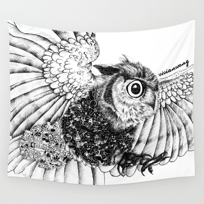 700x700 Black White Zentangle Owl Pen Drawing Wall Tapestry - Drawings Of Owls In Black And White