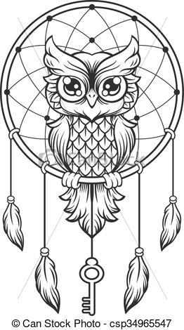 262x470 Dream Catcher Black And White Owl Vector Line Illustration - Drawings Of Owls In Black And White