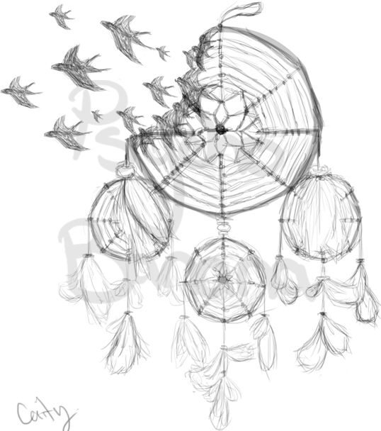 538x608 Birds Flying From Dreamcatcher Tattoo Design - Dream Catcher Tattoo Drawing