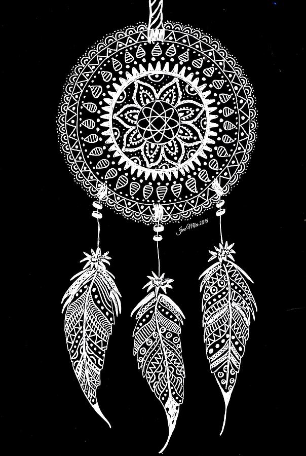 604x900 Dreamcatcher White On Black Drawing - Dreamcatcher Drawing Black And White
