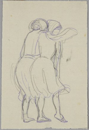 300x435 Two Girls, Three Quarter Back View, Side - Dress Blowing In The Wind Drawing
