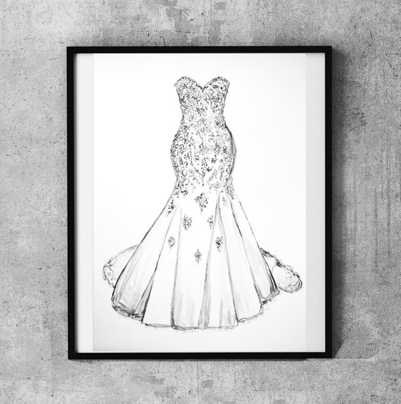 570x574 wedding dress drawing custom wedding dress sketch bridal etsy - Dress Drawing