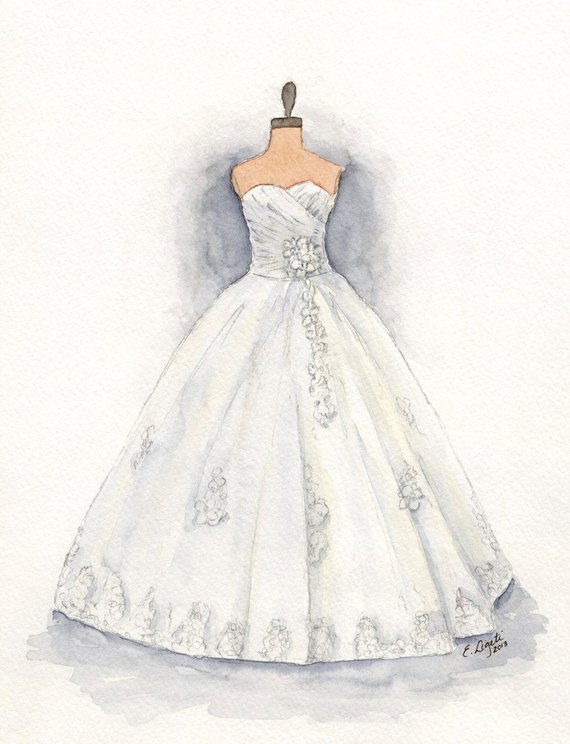 570x744 custom wedding dress painting dress art dress drawing holiday etsy - Dress Drawing