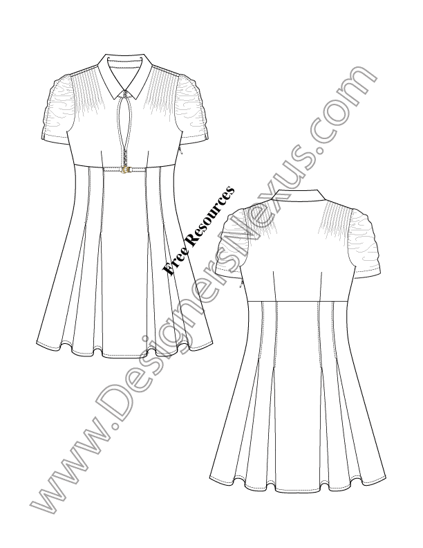 612x792 Illustrator Flat Sketch Ruched Sleeve Dress With Pin Tuck - Dress Flat Drawing