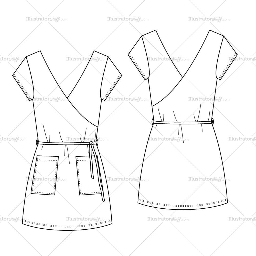1000x1000 women's stretch short summer wrap dress fashion flat template - Dress Flat Drawing