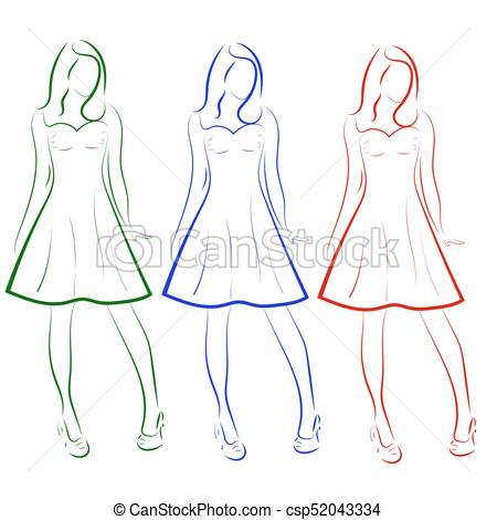 450x470 Vector Set Of Colored Outline Drawing Of Three Girls In Dresses - Dress Outline Drawing