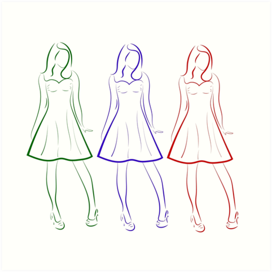 550x550 Colored Outline Drawing Of Three Girls In Dresses Art Prints - Dress Outline Drawing