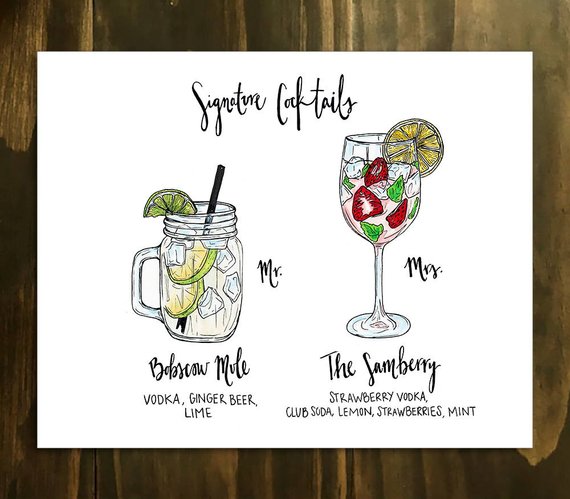 570x499 custom signature cocktail sign drawing personalized drinks etsy - Drink Drawing
