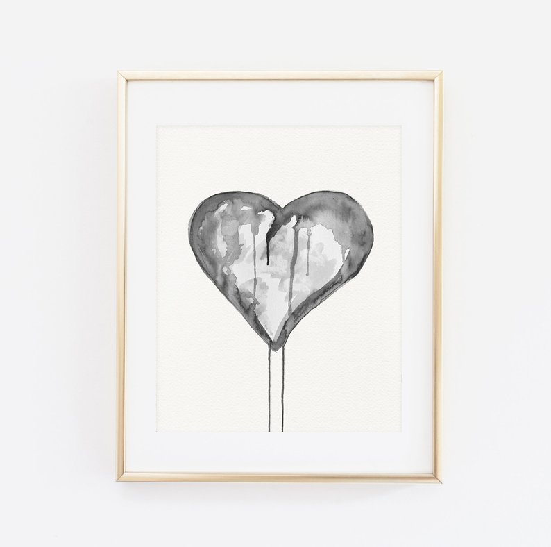 794x788 Dripping Heart Watercolor Black And White Printable Wall Art Etsy - Dripping Heart Drawing