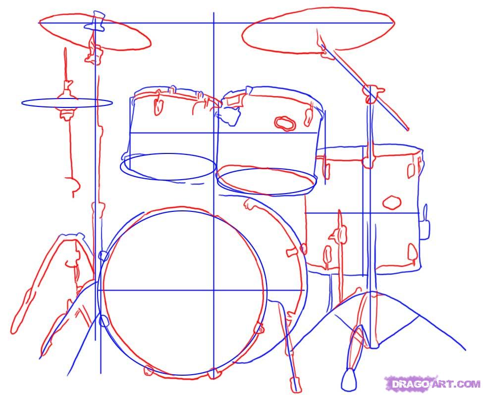 975x798 how to draw drums, step - Drum Kit Drawing
